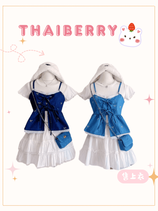 (預購) 牛仔吊帶 兩件組 (上衣+白衣)